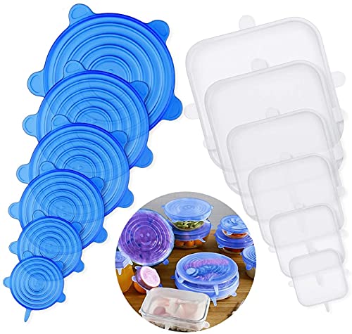 MIGUOR Lot de 12 couvercles en silicone extensibles - Couvercles ronds et rectangulaires - Couvercles en silicone réutilisables - Couvercles extensibles - Couvercles pour bol alimentaire