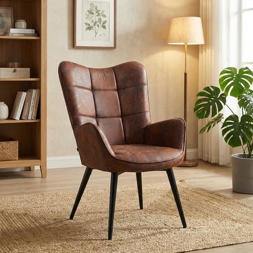 RBFGYIOP Relaxsessel Loungesessel Polstersessel Mit X-Holzrahmen & Wasserdicht, Kunstleder Ohrensessel Lesesessel Bequem Für Wohnzimmer Schlafzimmer Esszimmer Büro, Bis 150kg, Braun