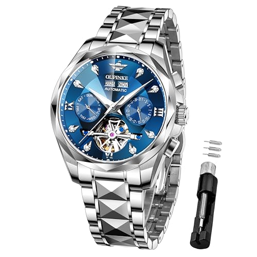 Image of OUPINKE Men's Watches Automatic Self-Winding Luxury Diamond Mirror Skeleton Mechanical Watch Date Dress Business Tungsten Steel Waterproof Luminous Wrist Watches for Men