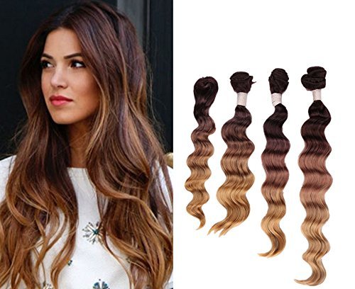 Creamily #4/10/27(Dark Brown to Caramel Blonde) Top Closure Hair Piece (14'') Hair Bundles (14'' 16'' 18'') Loose Wave Weft Weave Extensions Three-tone Ombre Colors 4pcs All in One Pack Solution