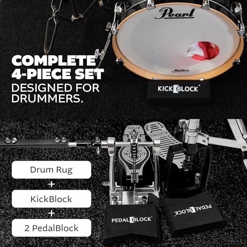 Image of KickBlock Drum Kit Bundle - Drum Rug 6'6 inch x 5'6 inch + Bass Drum Anchor + PedalBlock Set Black - Stops Bass Drum Creep & Pedal Slide - Non-Slip Drum Mat - Drummer Gift & Accessories