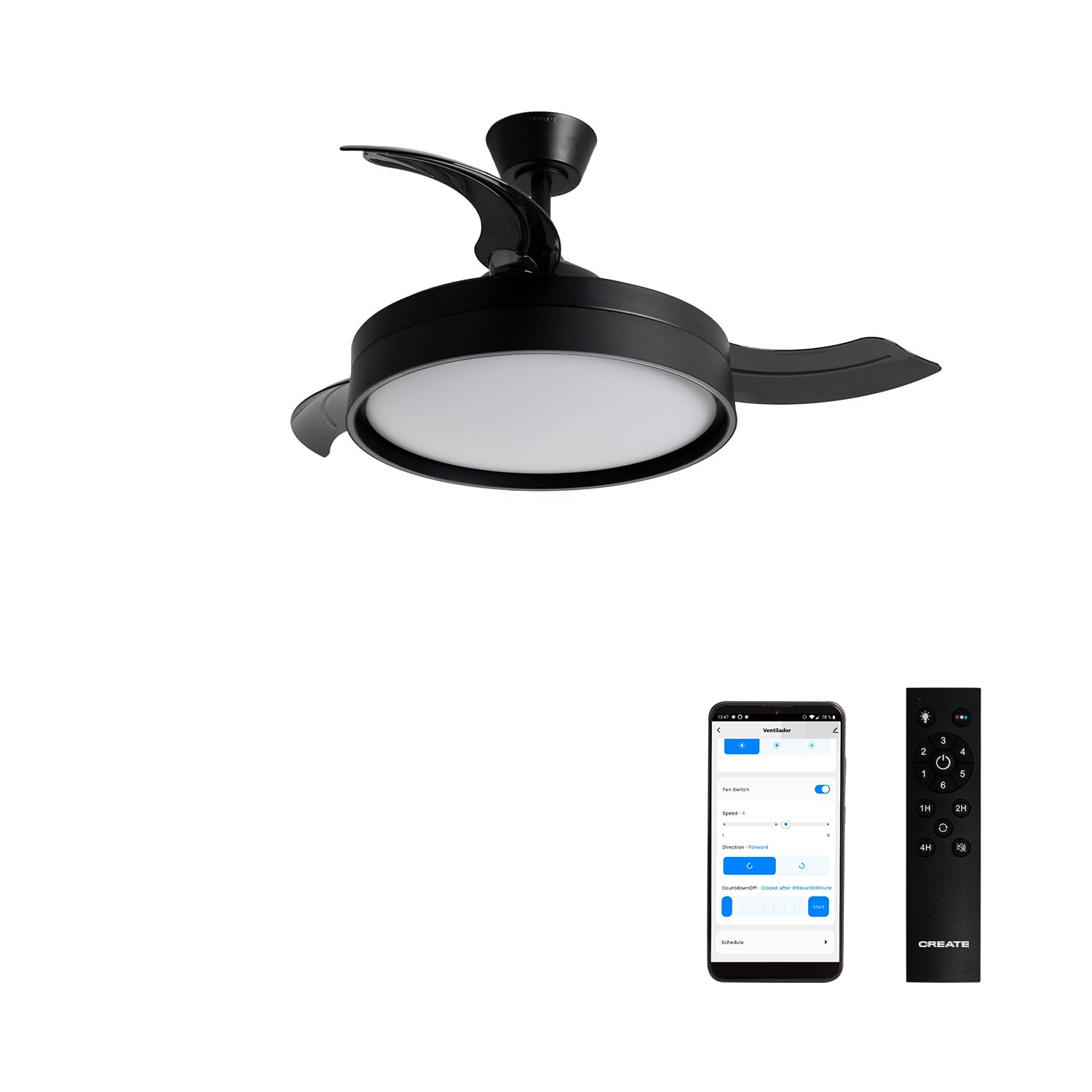CREATE / WIND CLEAR EDGE/Ventilador de techo con luz negro con mando y Wifi / 40W, Silencioso, Ø107 cm, 6 velocidades, aspas retráctiles, función verano-invierno, luz led 3 temperaturas