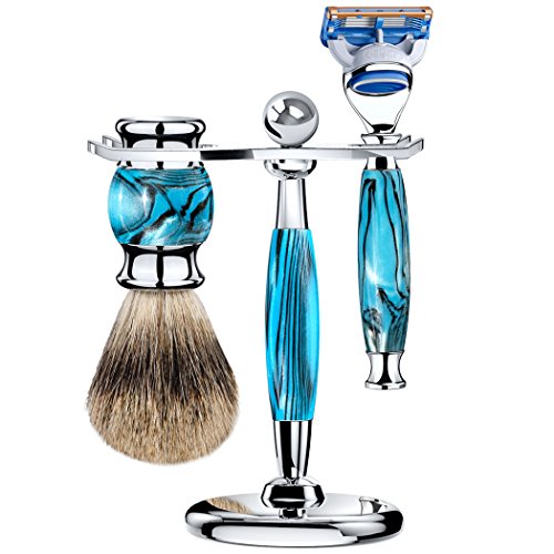 Grandslam Safety Razor Double Edge Shaving Kit for man +Mach Fusion 5 and 10 Satety Razor Blades + Razor Stand + Finest Badger Hair Brush - Great Gift for Men and Women (fusion 5, blue)