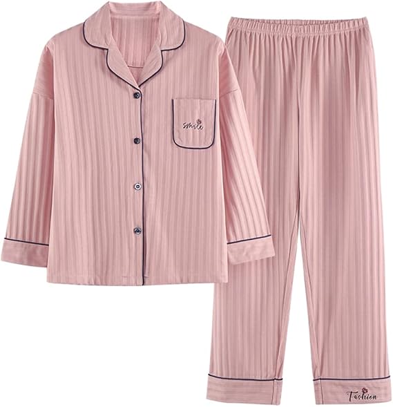 Amazon Co Jp パジャマ レディース 長袖 部屋着 上下セット 無地 ポケット付き 吸汗 通気 シンプル 肌に優しい 前開き レディース ルームウェア 9816 Pink ファッション