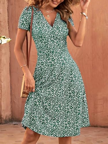 Image of MSBASIC Womens Summer Wrap V Neck Casual Dresses Floral Short Sleeve A-Line Midi Sundress