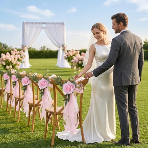 Decoraciones para pasillos de boda con rosas artificiales y adornos florales para sillas nupciales 6
