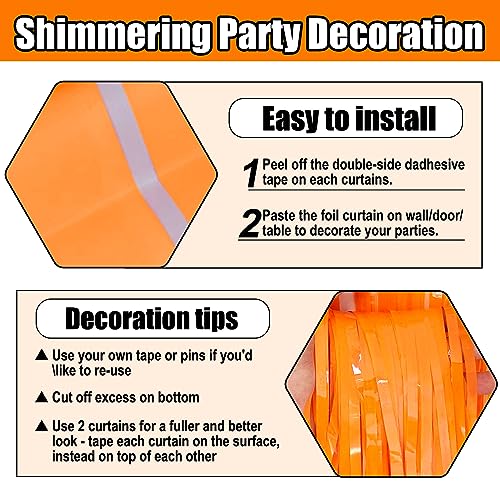 Image of 6 Pack Macaron Orange Foil Fringe Curtain Backdrop, 3.28Ft x 8.2Ft Metallic Tinsel Foil Fringe Streamer Curtains for Photo Booth, Christmas Day, Thanksgiving, Wedding, New Year Party Decorations