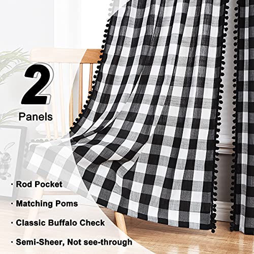 Treatmentex GZPOM2-45BK White Black Buffalo Check Curtains 45Inch Pom Pom Farmhouse Semi Sheer Plaid Window Curtain Panels thumb #2