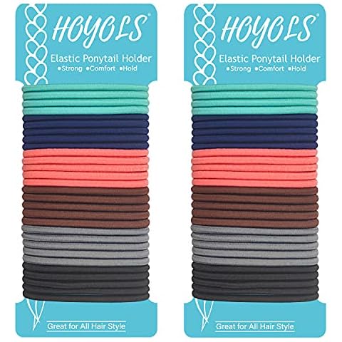 HOYOLS No Metal Hair Elastics Bands, Assorted Sport Daily Color Ponytail Holder No Snag Hair Ties for Girls Women Thick Hair 4mm, Hair Accessories - 6 Colors 60 Count Cover