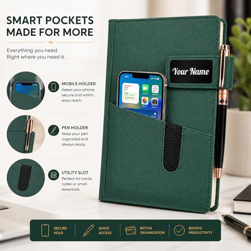 Image of personalised Name Print | A5 Executive Notebook Diary with Mobile Holder, Card Slot & Pen Loop | Premium PU Leather Journal for Office, Meetings & Corporate Gifting | magnetic flap lock
