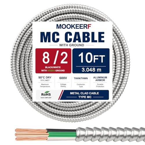 Image of 8 /2 MC Cable with Ground - 10FT Pure Copper 8AWG /2 Metal Clad Wire with Aluminum Armor 8 Gauge 2 Conductor Type MC Alum Cable