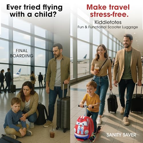 Image of Kiddietotes 3-D Hardside Scooter Ride On Suitcase for Kids - Cute Lightweight Kids Luggage with Wheels - Fun LED Lights