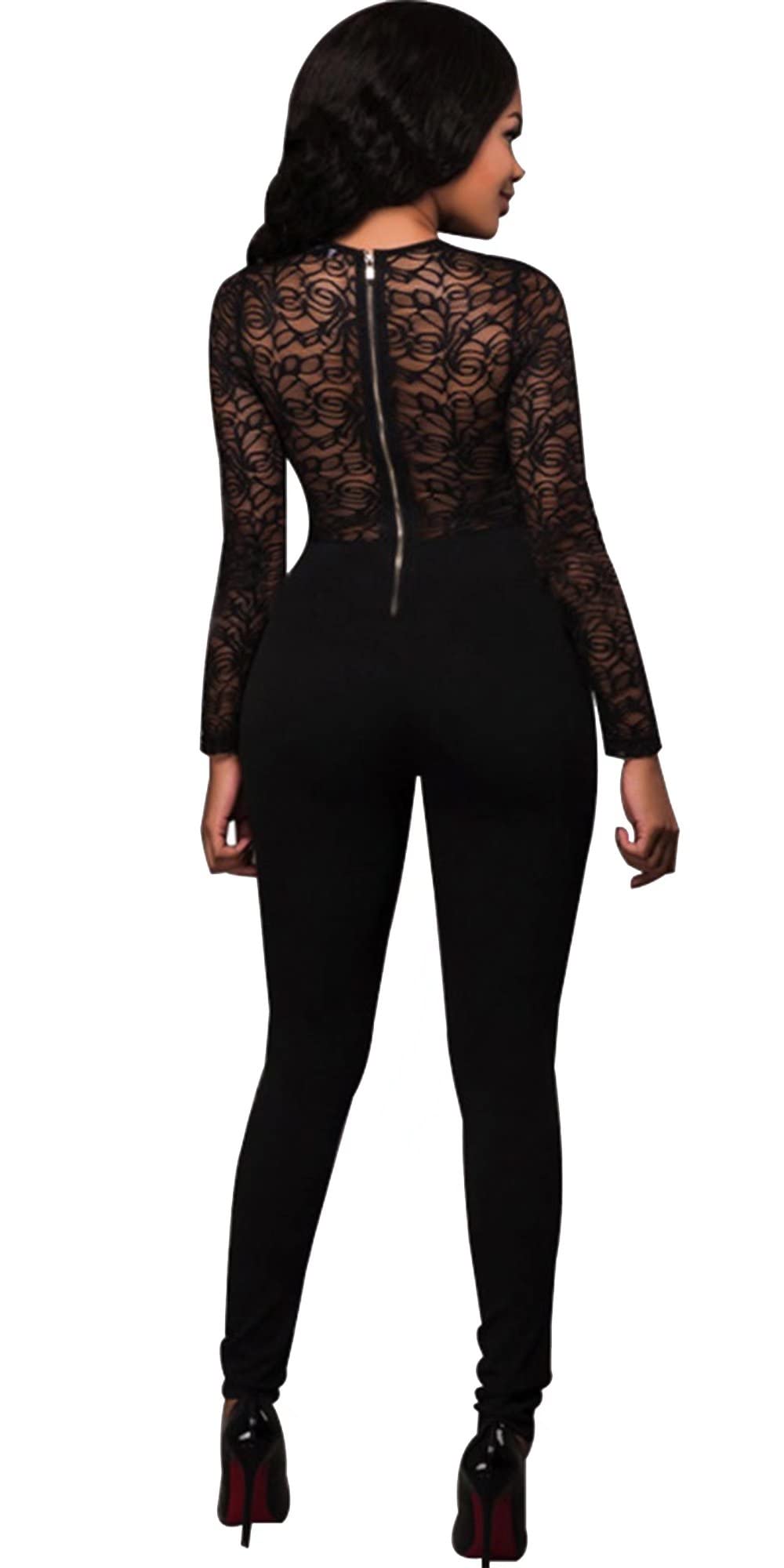 Mintsnow Sexy Mesh Patchwork Tute per le donne Elegante manica lunga fasciatura un pezzo partito lungo Body, Nero – pizzo., X-Large