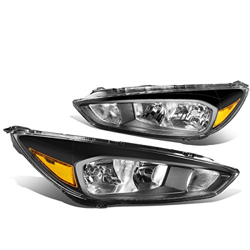 DNA MOTORING HL-OH-FF16-BK-AM Pair Black Housing Amber Corner Headlights Replacement For 15-18 Focus Fits Halogen Headlight Models
