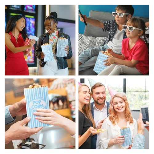 Image of Potchen 300 Pcs Paper Popcorn Bags Bulk 2 oz Large Individual Serving Popcorn Bag Flat Bottom Disposable Container Vintage for Movie Night Themed Summer Back to School Party Carnival (Light Blue)