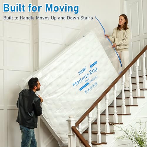 Image of ZCHENBS - 2 PK Queen Mattress Bags for Moving, Waterproof Mattress Storage Bag with Zipper, 5 Mil Thick Heavy-Duty Bed Protector Cover for Moving, Reusable (Transparent /Blue, 2 Pack)
