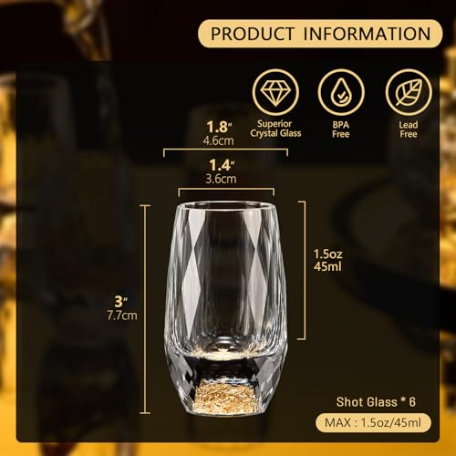 Image of DUJUST Shot Glasses with Diamond Design (1.5oz), Crystal Shot Glass Set Decorated with 24K Gold Leaf Flakes, Luxury Shot Cups, BPA-Free & Lead-Free, Perfect for Decor & Collection - 6 pcs
