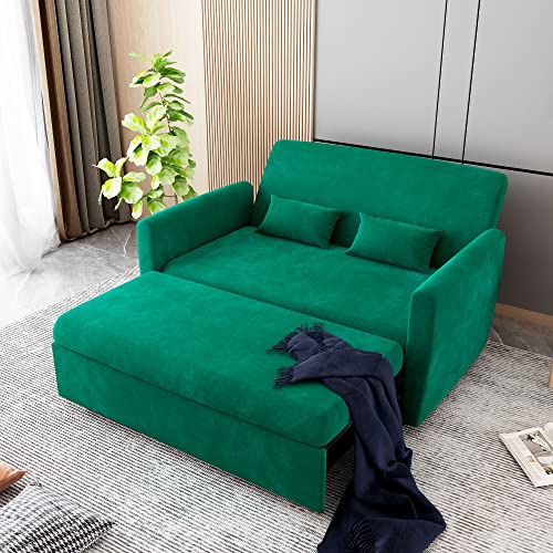 Nosga Double Sofa Bed, Pull Out Sofa Bed Pull Out Sofa Sleeper Convertible Velvet Sleeper Sofa Bed With 2 Pillows Adjustable Backrest 55" Modern Adjustable Pull Out Bed Lounge Chaise (Green) #TOP21