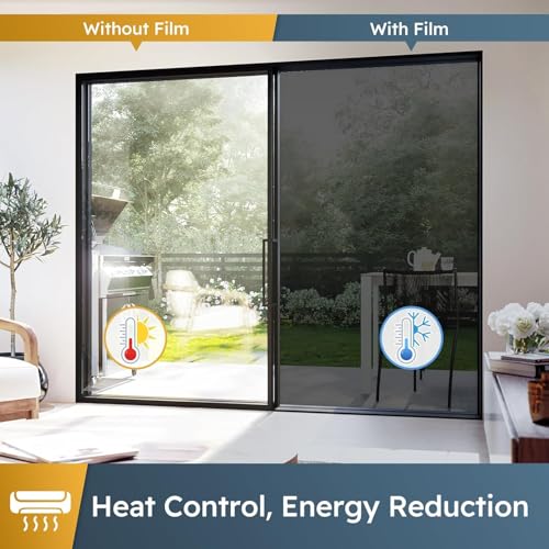Image of WISDOM Window Privacy Film,One Way Mirror Film Daytime Anti UV Sun Blocking Heat Control Reflective Film Decorative Static Cling Home Office Living Room (20in x 11Feet, Silver Black)