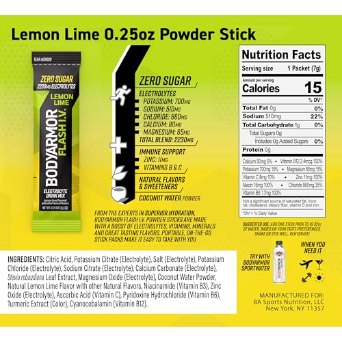 Image of BODYARMOR Flash IV Electrolyte Packets, Lemon Lime - Zero Sugar Drink Mix, Single Serve Packs, Coconut Water Powder (15 Count)