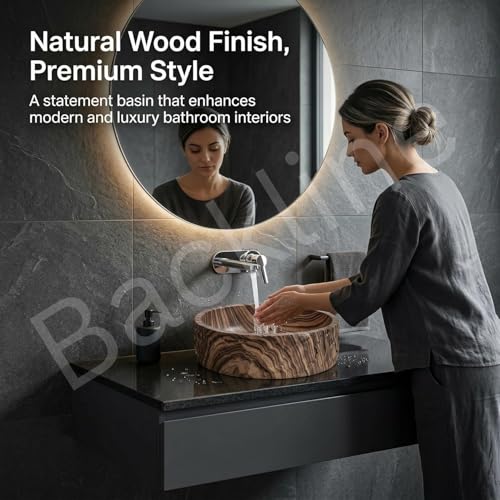 Image of Backline Basin For Bathroom | Countertop Wash Basin (40 x 40 x 13.5 Cm) | Ceramic Bathroom Sink | Table Top Basin | Scratch & Stain Resistant Easy to Clean | Modern Luxury Basin (Wooden Finish)