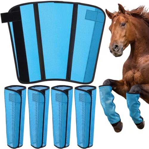 Image of Fly Boots for Horses - 4 Pack Horse Breathable Mesh with UV-Protection Leggings Boot, Reduces Stomping & Anti-Sag Stays for Medium Large Size Equine Leg Protectors(Blue)