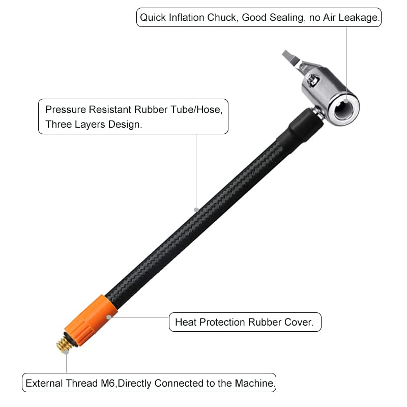 Brliantux M6 Locking Air Chuck with Air Hose,Standard Tire Valve Fine Thread, Air Inflator Hose Adapter for All Battery-Integrated Air Pump (1, 160mm)