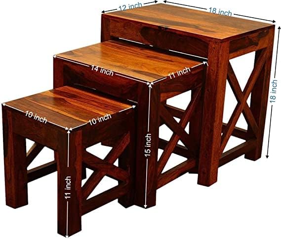 Image of Sheesham Wood Nesting Table Set of 3 Stools for Living Room (Natural Teak Finish)
