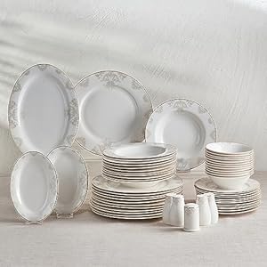 Karaca Siena Dinner Sets for 12 People, 56-Piece Luxury Dinner Sets with Gold Trim, Dinner Plates, Pasta Bowls,Salad/Cereal/Soup Bowls,Side Plates,Serving Platters,White Porcelain Dinnerware Sets