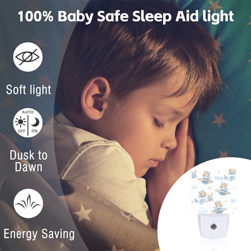 Image of Cute Adventure Bear in Airplane Night Light, Cartoon Animal Dusk to Dawn Night Light Plug in,0.5w Energy Saving Sleep Friendly NightLight for Kids Boys Girls Home Decor