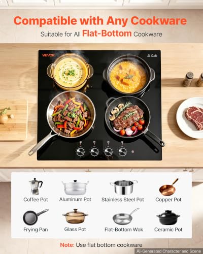 Image of VEVOR Electric Cooktop 24inch 4 Burners Stove Top 6000W 220V No Plug, Ceramic Built-in Radiant Electric Stove, with 11 Power Levels, Over-Heat Guard, Knob Control, for Diverse Cooking Requirements