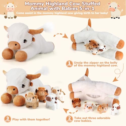 Image of gnomantic Highland Cow Stuffed Animals with Babies, Mommy Toy for Kids | 5-Piece set: 1 mommy highland cow + 4 surprise babies inside. Unzip belly to reveal babies. Ultra-soft, safe for ages 3-8.