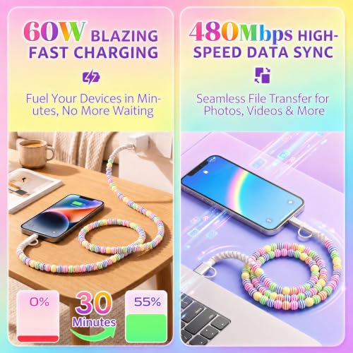 Image of 4-in-1 Beaded Charging Cable, MFi Certified, Works with CarPlay, 3.3FT 60W Fast Charger Cord for iPhone 17 /16 /15 /14 /13 /12 /11, iPad, Samsung, Android and More (Rainbow Stripes)
