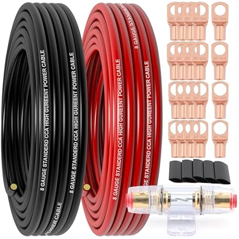 Xaugiry 8 Gauge Wire (25FT RED+25FT Black) Copper Clad Aluminum CCA,60A Fuse Holder,20 pcs lugs,20 pcs 2:1 Heat Shrink Tubes,Car Amplifier Power&Ground Cable,Primary Automotive Wire Cover