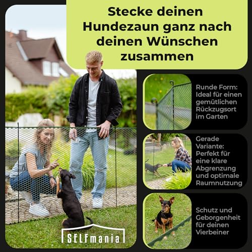 SELFmania Hundezaun 25m lang 90cm hoch SCHWARZ [TESTSIEGER] inkl. 21x Stäbe & 25x Erdanker | Begrenzungszaun Robust & Mobil | Flexibler Zaun für Hunde | Sorgloser Hundeauslauf im Garten & Camping