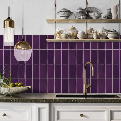 Azulejos Adhesivos Cocina Púrpura Minimalista Vinilo Cocina Pvc Azulejos Adhesivos Baño Impermeable Baldosas Adhesivas Pared Duradero Revestimiento Pared Baño Vinilo Adhesivo 10.16x20.32cm/64 pcs