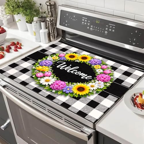 Image of HOMETITUTE Spring Stove Top Covers for Electric Stove 28x20 Inches Welcome Floral Ring Buffalo Plaid Glass Cooktop Protector Pad Decorative Stovetop Cover Dish Drying Mats for Kitchen Decor