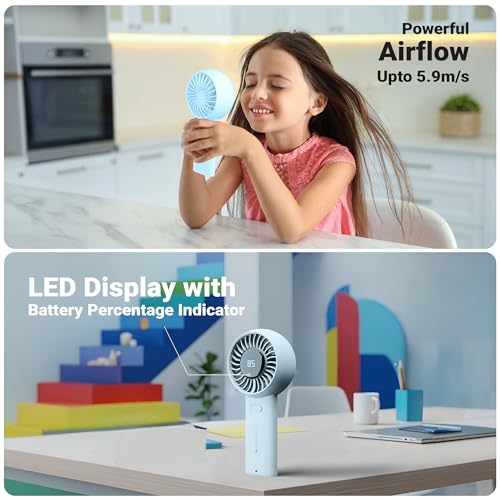 Image of Zebronics Heat Buster 200, Portable Hand Fan, Upto 12h Backup, 3600mAh Rechargeable Battery, 5 Speed Modes, Upto 5.9m /s Airflow, LED Display, for Travel, Makeup, Office, Home (Blue)