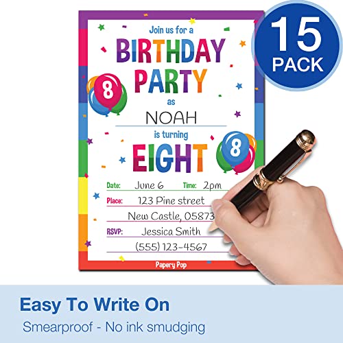 Papery Pop 8Th Birthday Party Invitations With Envelopes (15 Count) - 8 Year Old Kids Birthday Invitations For Boys Or Girls - Rainbow #TOP3