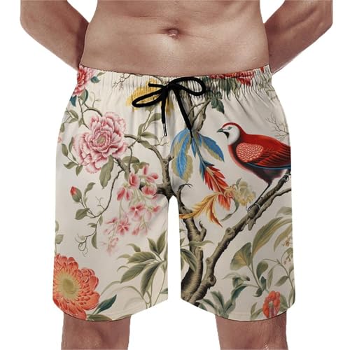 Mens Swim Trunks with Mesh Lining Flowers and Birds Beach Shorts Quick Dry Drawstring Board Shorts with Pocket3