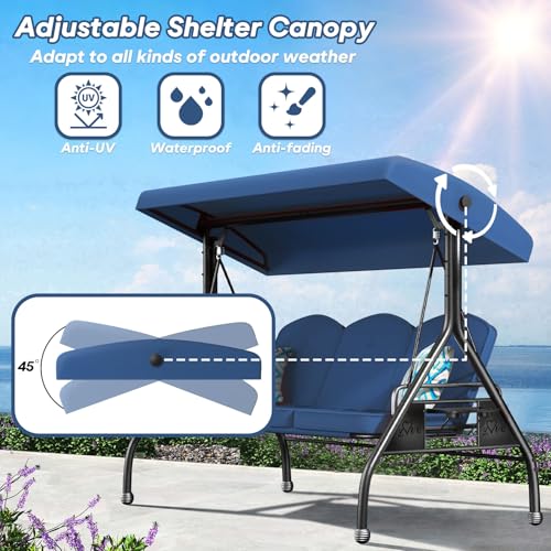 Image of ZZW 3 Seat Outdoor Porch Patio Swing with Stand 800lbs 2-in-1 Convertible Swing Bed with Adjustable Canopy & Removable Cushion for Yard Garden Deck (Blue, Round Tube)