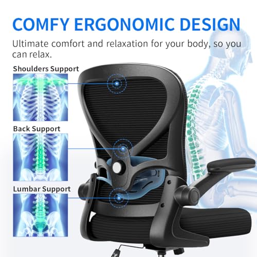 Freepub Ergonomic Office Chair, Breathable Mesh Computer Desk Chair with Adjustable Lumbar Support, Swivel with Flip-up Armrests, 350LBS Capacity - Design for Home/Offices - Black