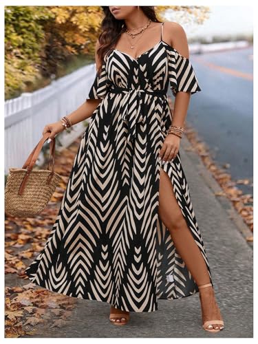 Image of Floerns Women's Plus Size Cold Shoulder Short Sleeve Split Thigh Long Dress