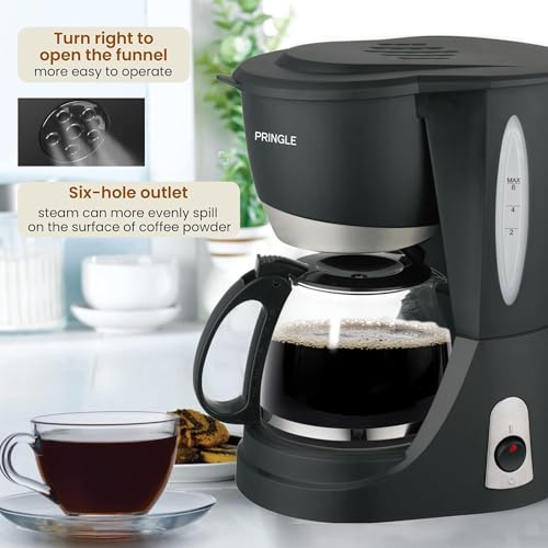 Image of PRINGLE Mocha 4 Cup Drip Coffee Maker | 650W | 600 ml Capacity | Anti-Drip & Keep Warm Function | Auto Pause Feature | Front Access Brew Basket | Glass Carafe | Ideal for Home & Office