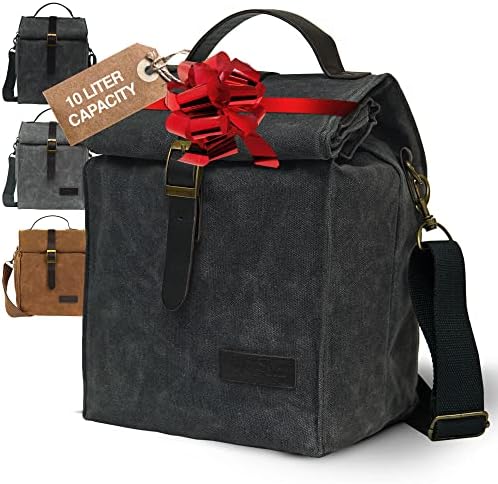 Waxed Canvas Insulated Lunch Bag for Women & Men | Thermal Insulation Material Keeps Food Hot OR Cold | Reusable, Water Resistant & Fits Large Lunch Box | Convert to Lunch Sling Bag with Strap (Black)