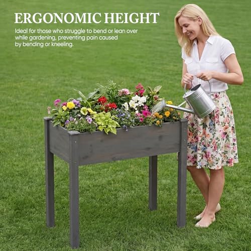 Image of DUMOS Raised Garden Bed 34x18x30 Inch, Outdoor Planter Box with Legs, Elevated Wood Garden Bed with Liner for Herbs Flowers Vegetables, Wooden Planter Box for Patio, Balcony, Backyard, Grey