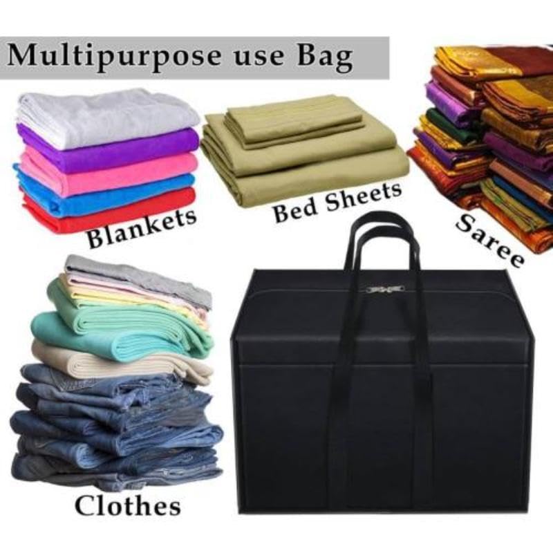 QUAIL Moisture Proof Multi-Purpose Blanket Storage Bag, Clothing Storage Organizer, Toy Storage, Stationery Paper Storage Bag with Zipper & Strong Handle (Black, Pack of 3)