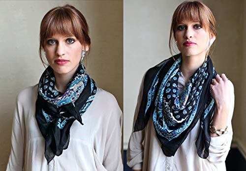 Anika Dali Women's Delicate Boho Black & Blue Floral Bandana Square Neck Scarf2