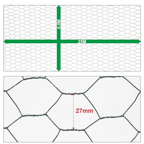 Daromigo Sechseckgeflecht Maschendrahtzaun - Verzinkt Kaninchendraht, Drahtzaun, Hasendraht - Sechseck Drahtgitter Maschenweite 27 mm, Höhe 50 cm, Länge 25 m - Grün