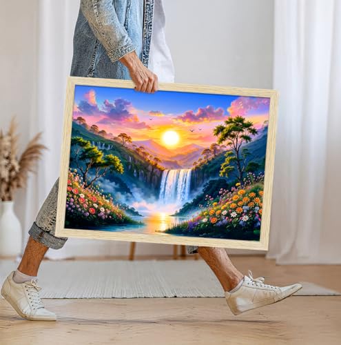 Image of ArtX Rising Sun Painting For Vastu, Big Size Wall Art, Waterfall Painting Vastu, Rising Sun Wall Decor, Multicolor, Nature, 61.0 X 48.0 cm, Canvas, Set of 1